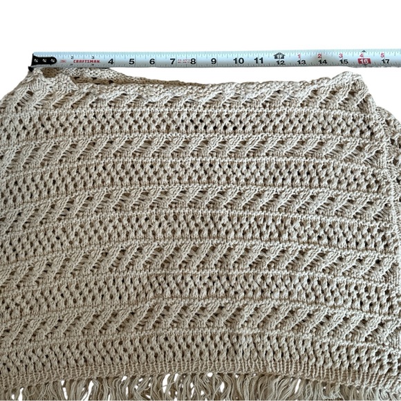 Boho Crochet Knit Fringe Cream Off Shoulder Poncho-Style Sweater | S/M - Picture 5 of 7